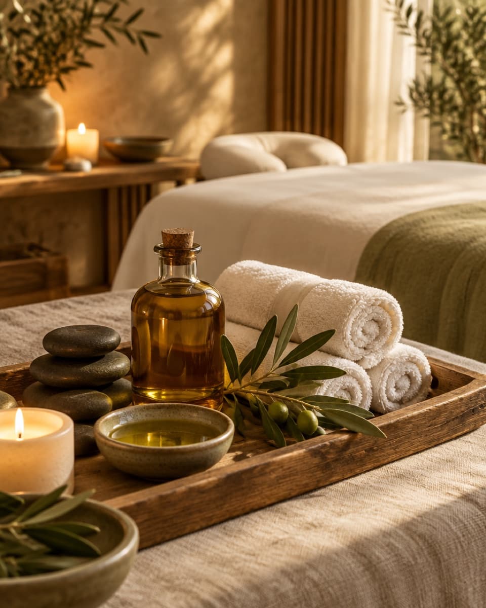 Óleo, toalhas e pedras preparados para a massagem