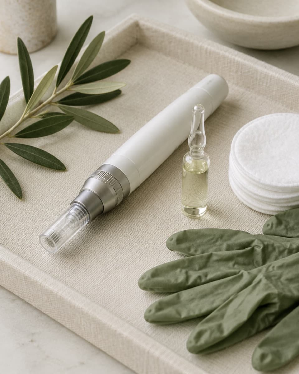 Caneta de microagulhamento, sérum e luvas na bandeja